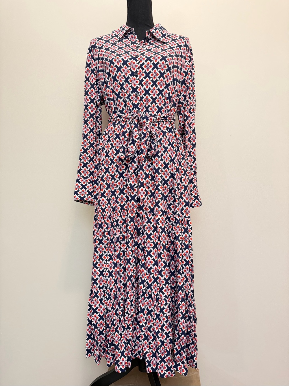 Boden Geometric Midi Dress Belt Women 12P Retro Tiered Flowy Pockets Long Sleeve